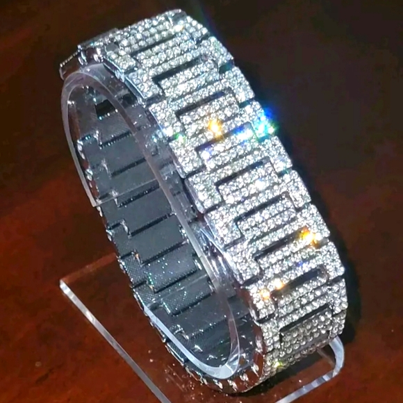 Mens Masculine Iced Hip Hop Bling Simulated Diamond  Silverplated Bling Bracelet - Picture 2 of 12